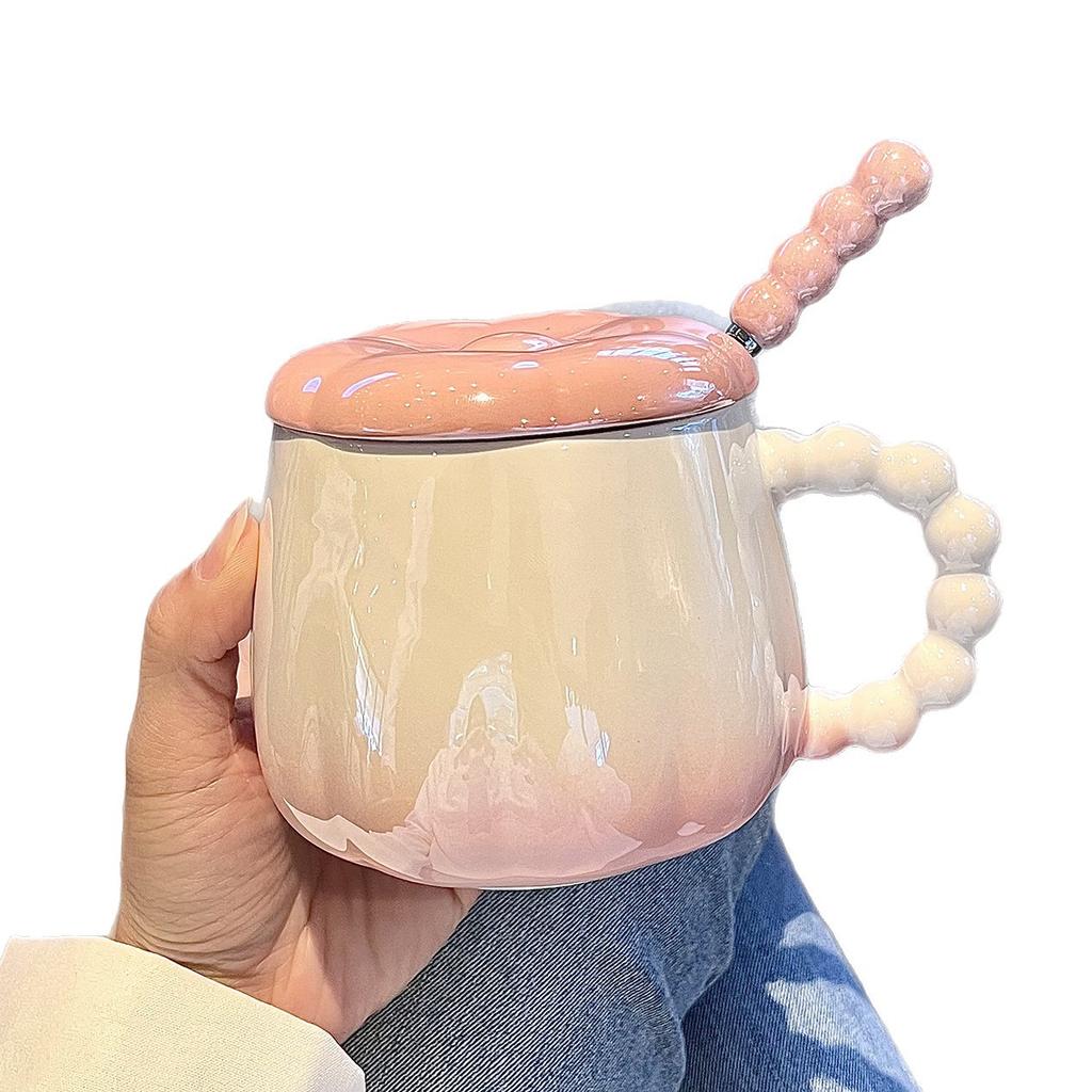 High value Pearlescent Mug with Lid Spoon Ceramic Cup for Girls Niche Couples Water Cup Office Coffee Cup