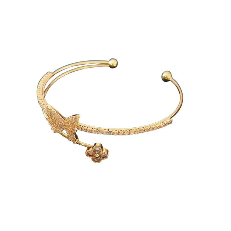 Elegant Double-Layer Open Cuff Bracelet With Zircon Butterfly Floral Design Women Gold Tone Copper Alloy Jewelry