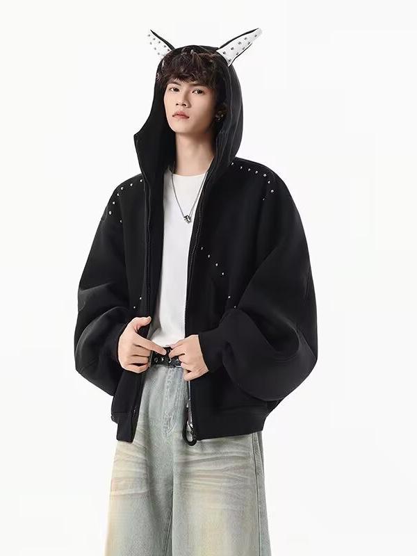 Men's Autumn/Winter Designer Rivet Patch Doberman Ear Hooded Sweatshirt - Trendy Versatile Heavyweight Cardigan Jacket