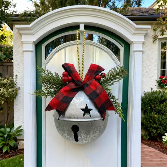 Christmas Bells Ornament Rustic Christmas Jingle Bell with Pine Needles Red Berries Plaid Bow Metal Sleigh Bell Farmhouse Xmas Tree Hanging Decor