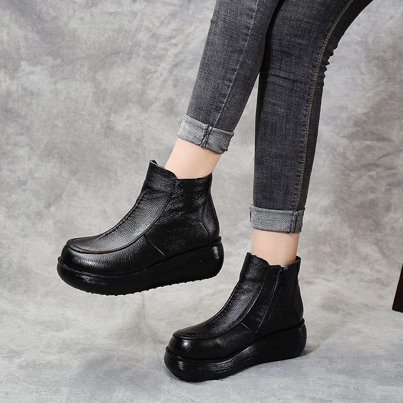 Classic Black Cow Leather Boots Ankle Fur Sneakers Woman Waterproof Platform Rain Boots Round Toe High Heeled Ankle Snow Shoes
