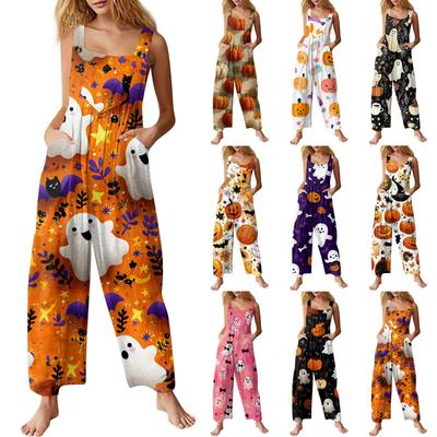 Women's Fashion Halloween Print Casual Vintage Sleeveless Button Jumpsuit