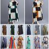 Vintage Women Cotton Linen Dress Print Spliced Striped O Neck Short Sleeve Pocket Loose Dress