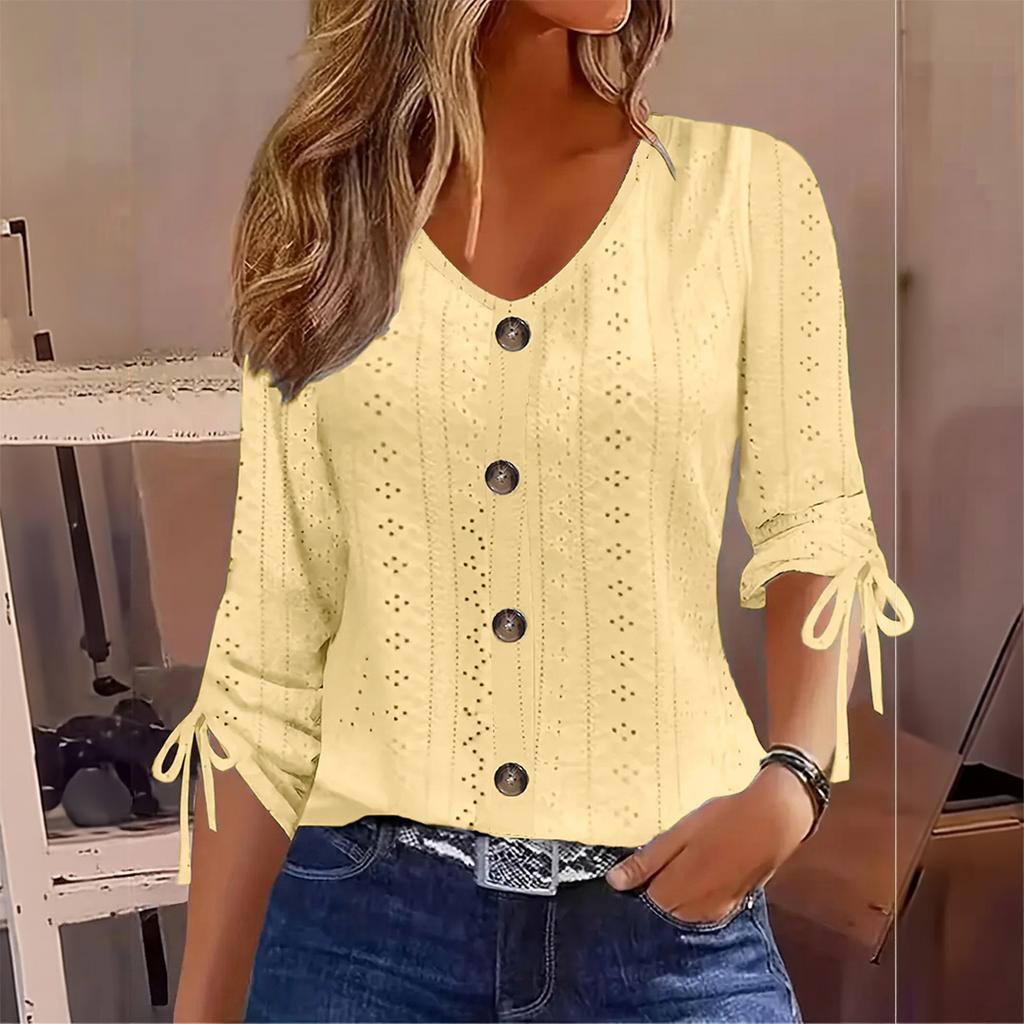 Damen V-Ausschnitt Knopfleiste Strickoberteil Mittellange Ärmel Strukturmuster Dehnbarer Sitz Leichtes Pullover-Shirt für Freizeitkleidung