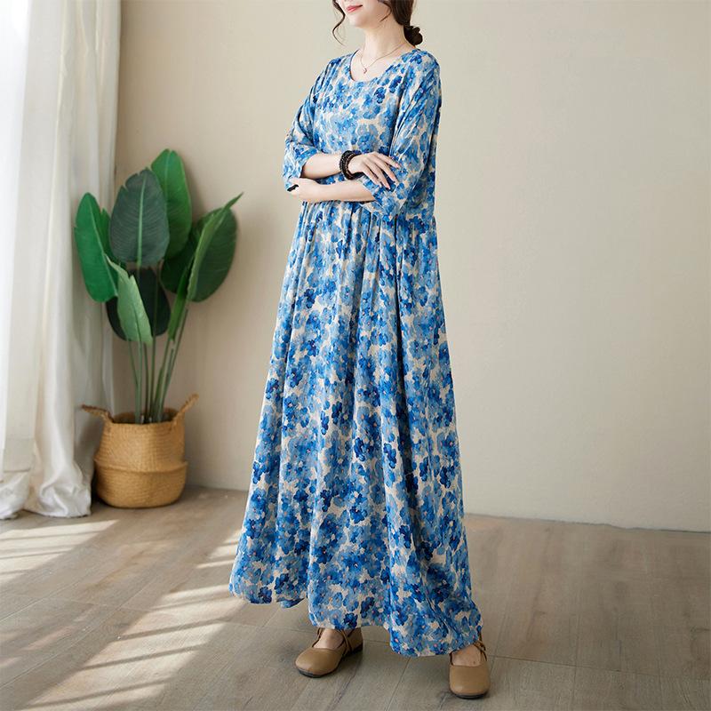 Summer Thin Cotton Linen Round Neck Short Sleeved Floral Simple Medium Long Dress for Women Casual Dresses