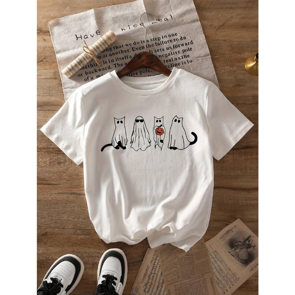 Halloween Cat Print T-Shirt Print T-Shirt Women's Crewneck Casual Short Sleeve T-Shirt Summer Streetwear Tops Tees