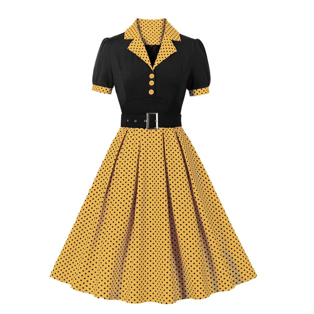 Women's Vintage Polka Dot Lapel  Short-sleeved Belt Dress