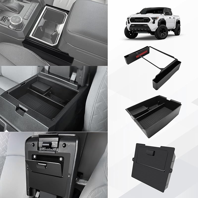 Muslogy Center Console Organizer Compatible with 2024 Toyota Tacoma 4th Gen Accessories Interior Storage Box Insert Tray Phone Pocket(Console