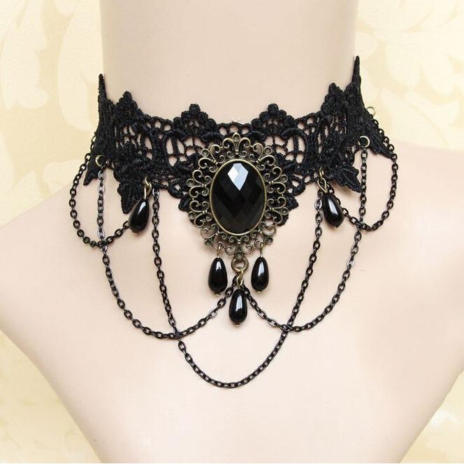 Cross-border Gothic Dark Lace Choker Necklace with Large Gemstone