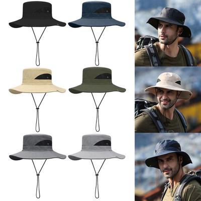 Tragbarer Faltbarer Fischerhut mit Winddichtem Band Herren Outdoor Angelhut Breite Krempe Anti-UV Strandhut Sommer Wander-Campinghut