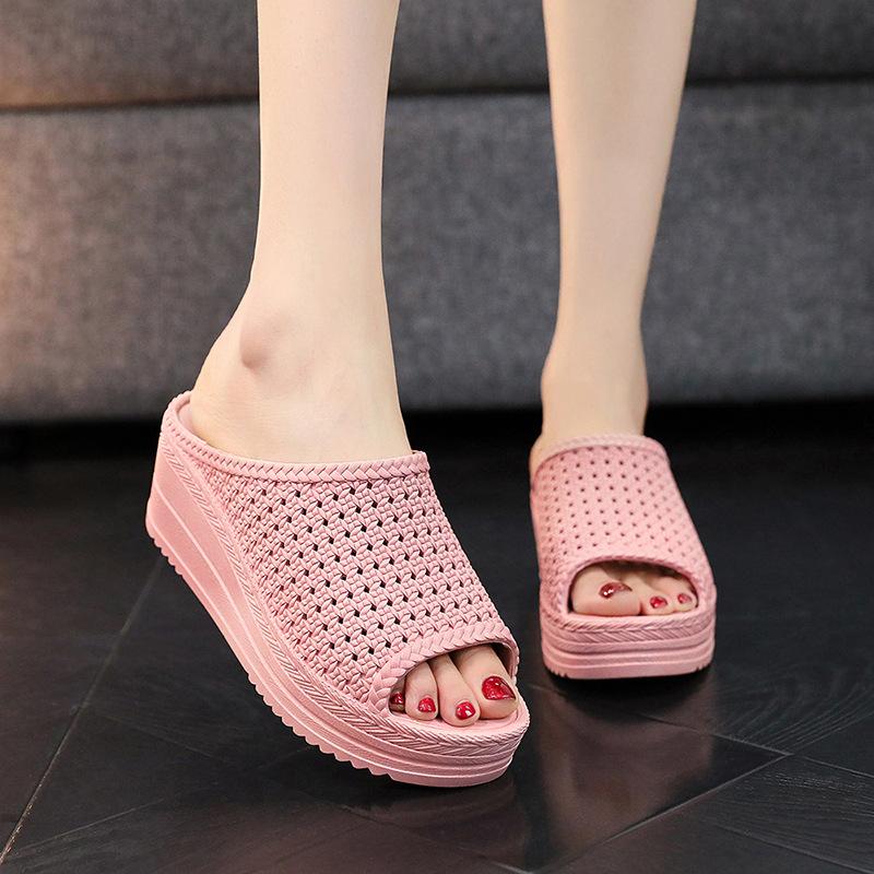 Cool Slippers Women Summer Slope Heel Thick Sole Wear Beach Shoes, Mesh Hollow Slippers Foreign Trade Wholesale