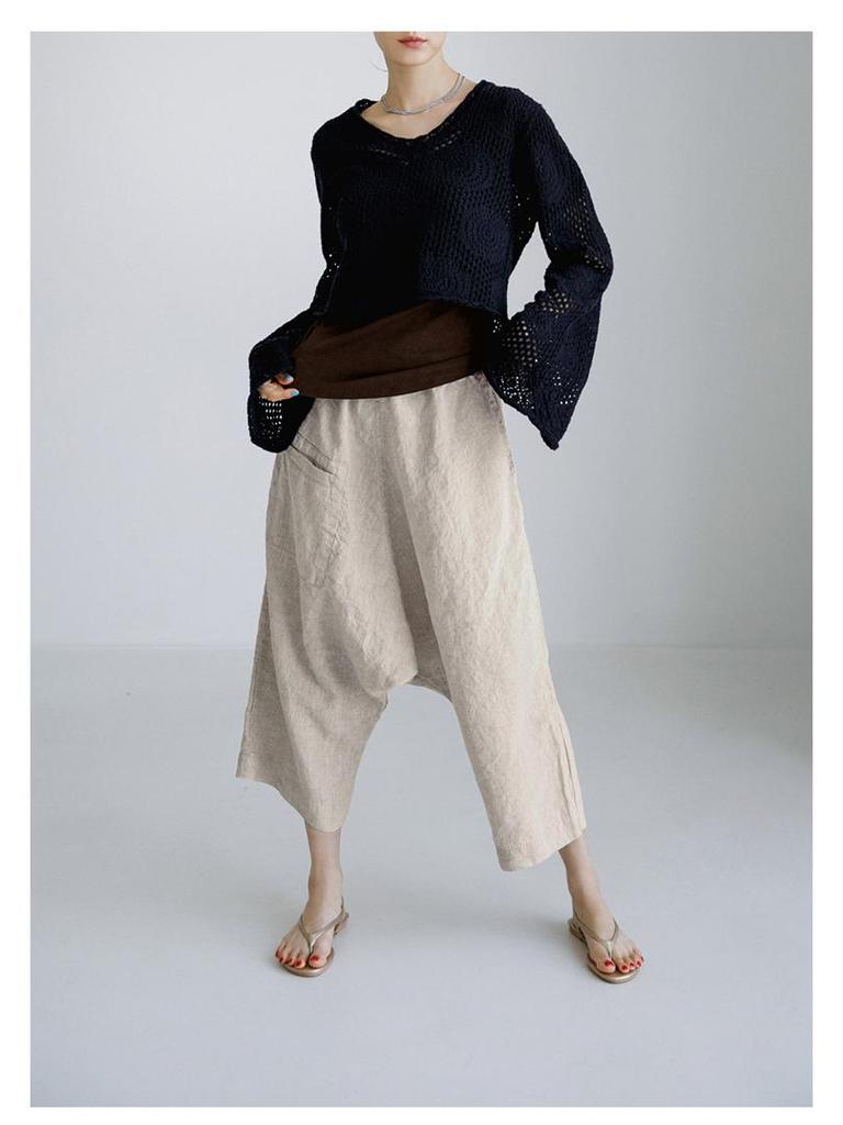 New Spring/Summer Textured Linen-Cotton Cropped Wide-Leg Pants with Elastic Waist and Pockets.