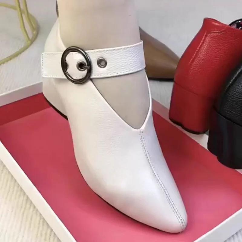 Fashion Women 2024 Autumn New Style Fashion Pointed Retro Solid Color Ladies Loafers Casual Thick Bottom Genuine Leather Women Mom Shoes