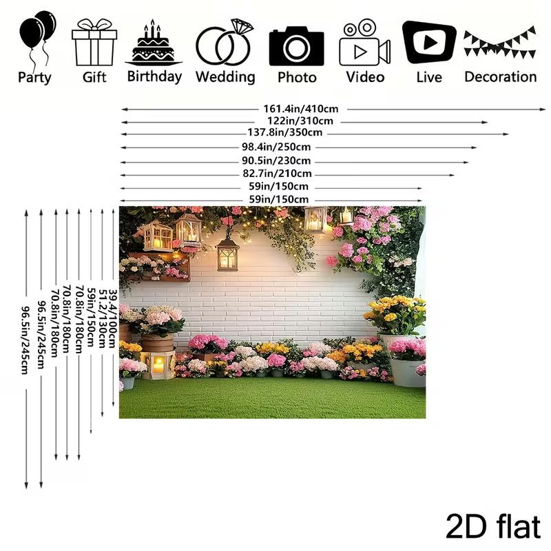 2D White Brick Wall with Flowers, Lanterns & Green Grass Studio Background