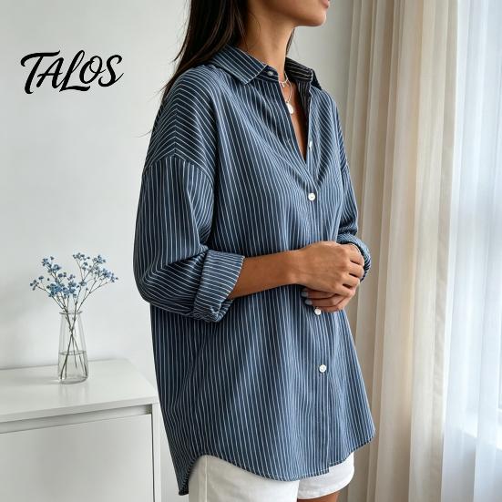 Tägliche Bluse Damen Gestreiftes Hemd für Sommer Herbst, Knopfleiste Einreiher Bluse, Elegant Lässig Langarm Hemdbluse