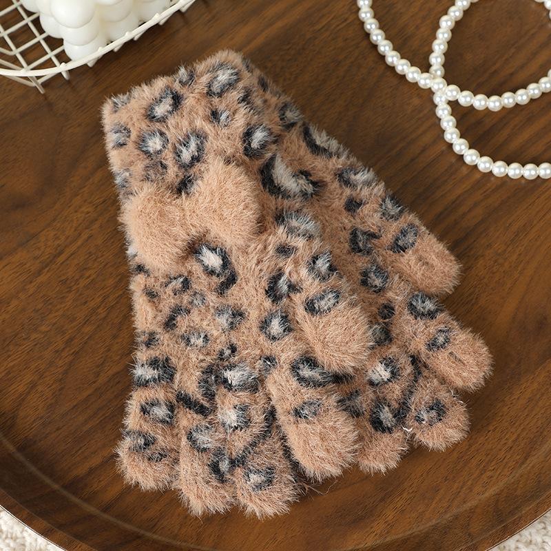 Fashion Bow Gloves Autumn and Winter Warm Gloves Women's Cute Leopard Print Finger Gloves Knitted Gloves