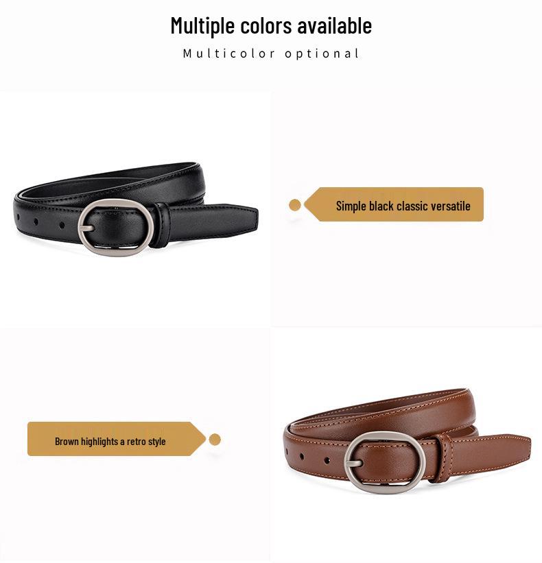 Women's Double-Sided Cowhide Leather Belt - Black, Casual & Versatile for Jeans