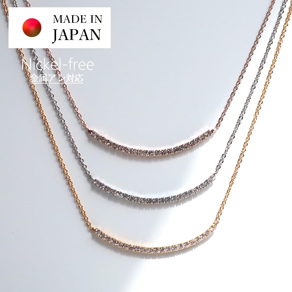[MELODIE] [Melody Accessoires] Hergestellt in Japan Halskette, Runder Lächeln Gebogene Stange, Strassstein (OP-218) (Rosa Gold)