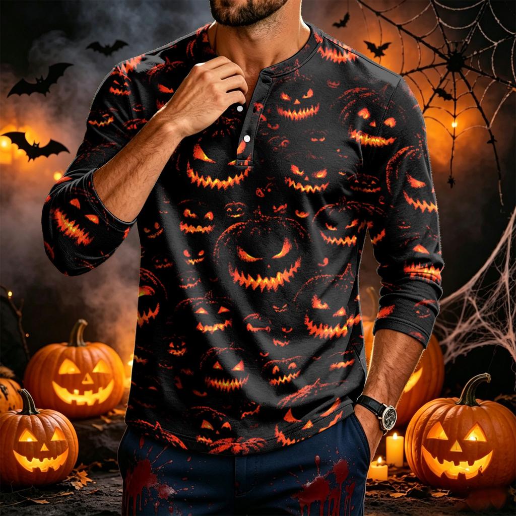 Men's Long Sleeve Tee with Halloween Print for Casual Wear