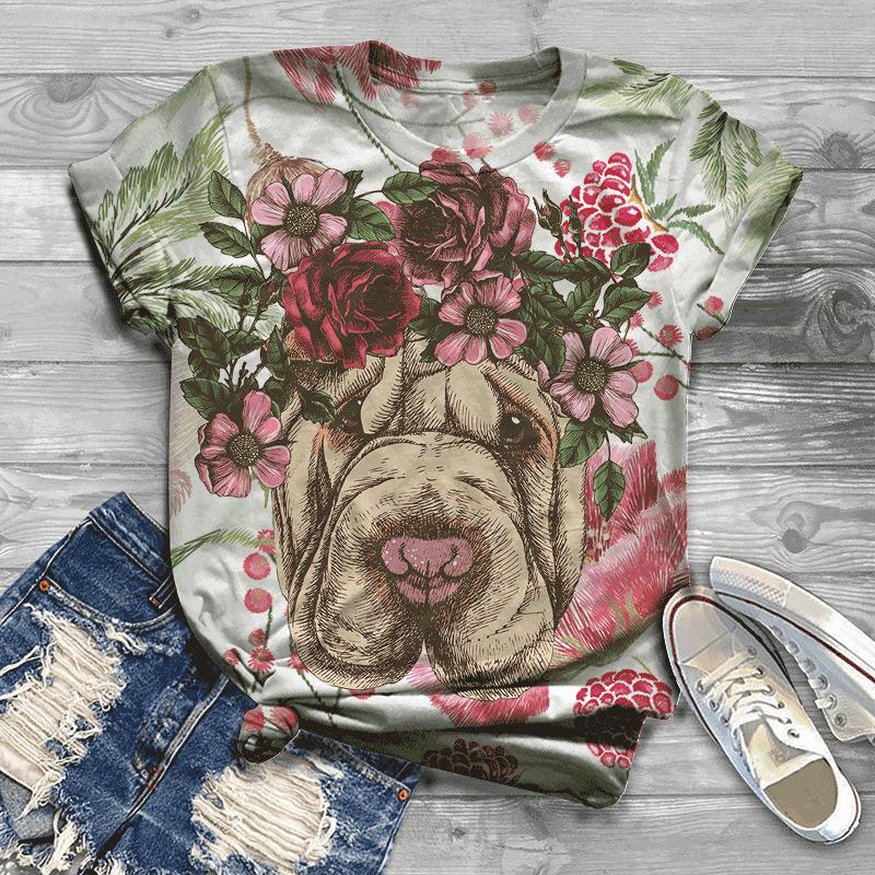 Summer New Animal Dog 3D Printed Loose White Top Women's T-shirt