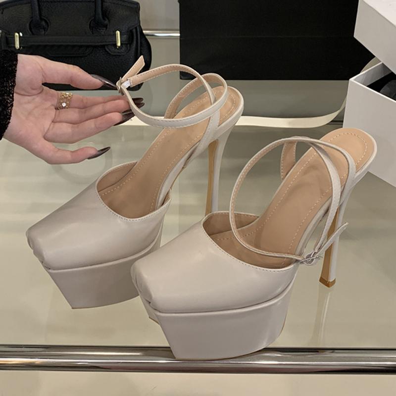 Fashion Liyke New Design Strange Platform Shoes Women Pumps Pleated Leather Square Toe White High Heels Slingback Sandals Stiletto Mujer