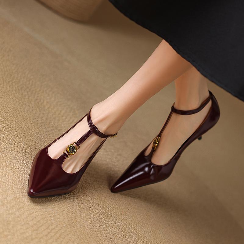 Fashion 2025 Spring Women Pumps Women Shoes Pointed Toe Thin Heel High Heels Mary Janes Ladies Shoes Genuine Leather Red Wedding Shoes