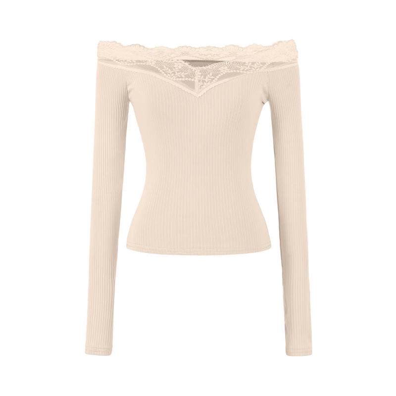 Spicy Lace Off-Shoulder Crop Top: Women's One-Shoulder Long-Sleeve, Waist-Cinching, Sexy Style.