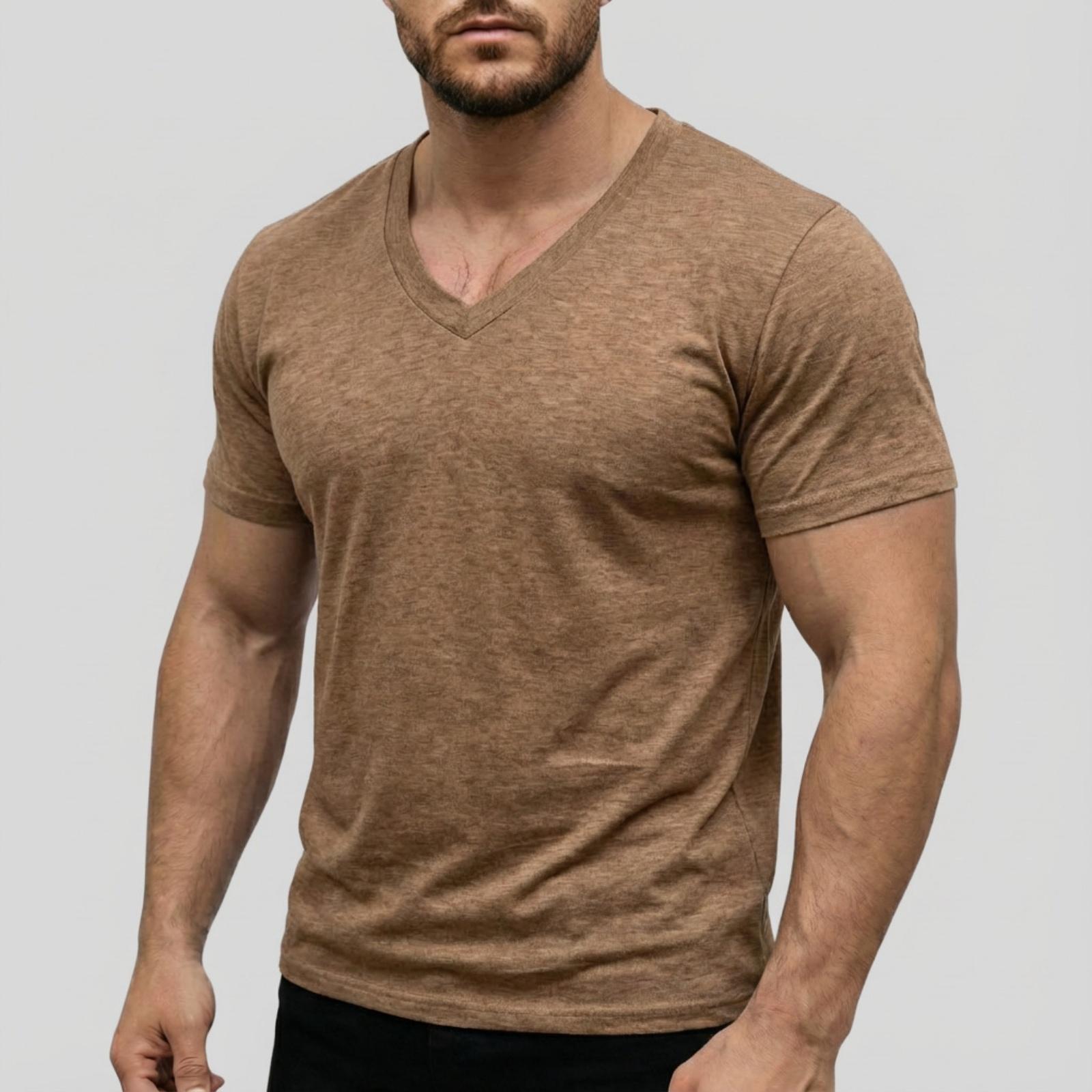 

Мужской повседневный топ с коротким рукавом и круглым вырезом из эластичной ткани однотонный L коричневый