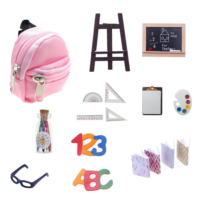 1Set 1:6 Dollhouse Miniature School Stationery Supplies Ruler Schoolbag Pencil Blackboard Holder Glasses Model Decor Toy