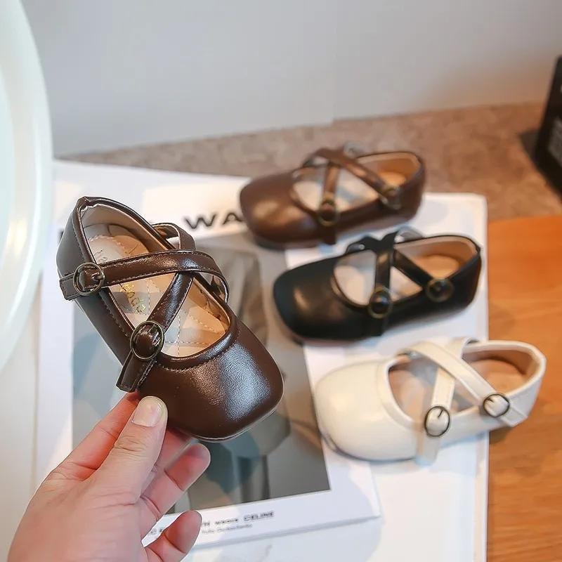 Girls' Solid Color Leather Shoes 2024 Spring New Korean Style Student Soft Sole Moccasin Shoes Solid Color Round-toe Flats Cross
