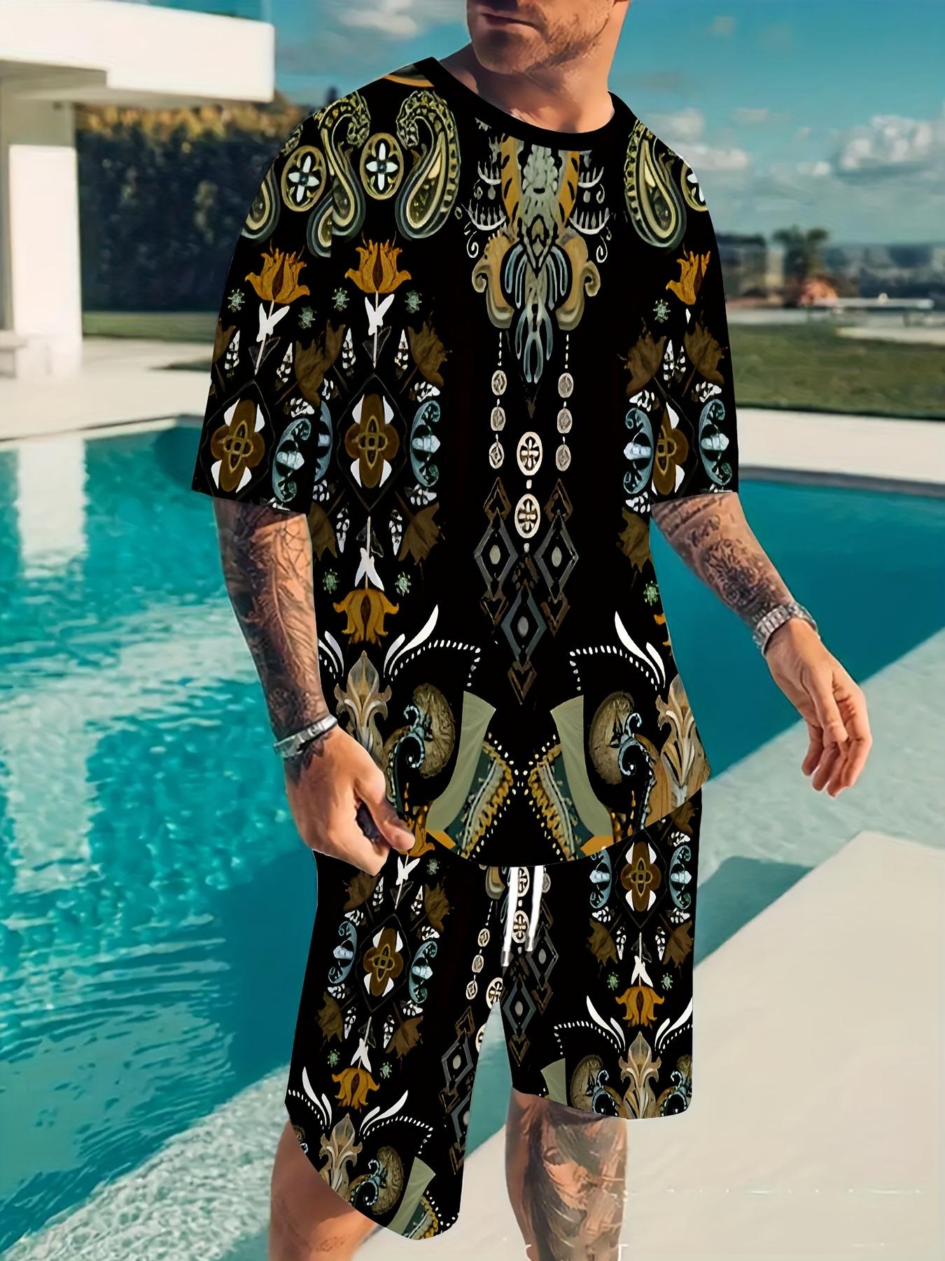 Men 2Pcs 3D Print Round Neck Set Knit Fabric Summer Casual Outfit S