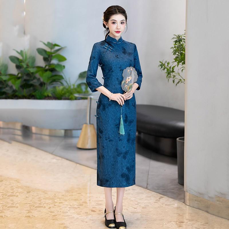 Purple Vintage-Inspired Long Sleeve Qipao Dress Women Slim Fit Wear Stand Collar Design