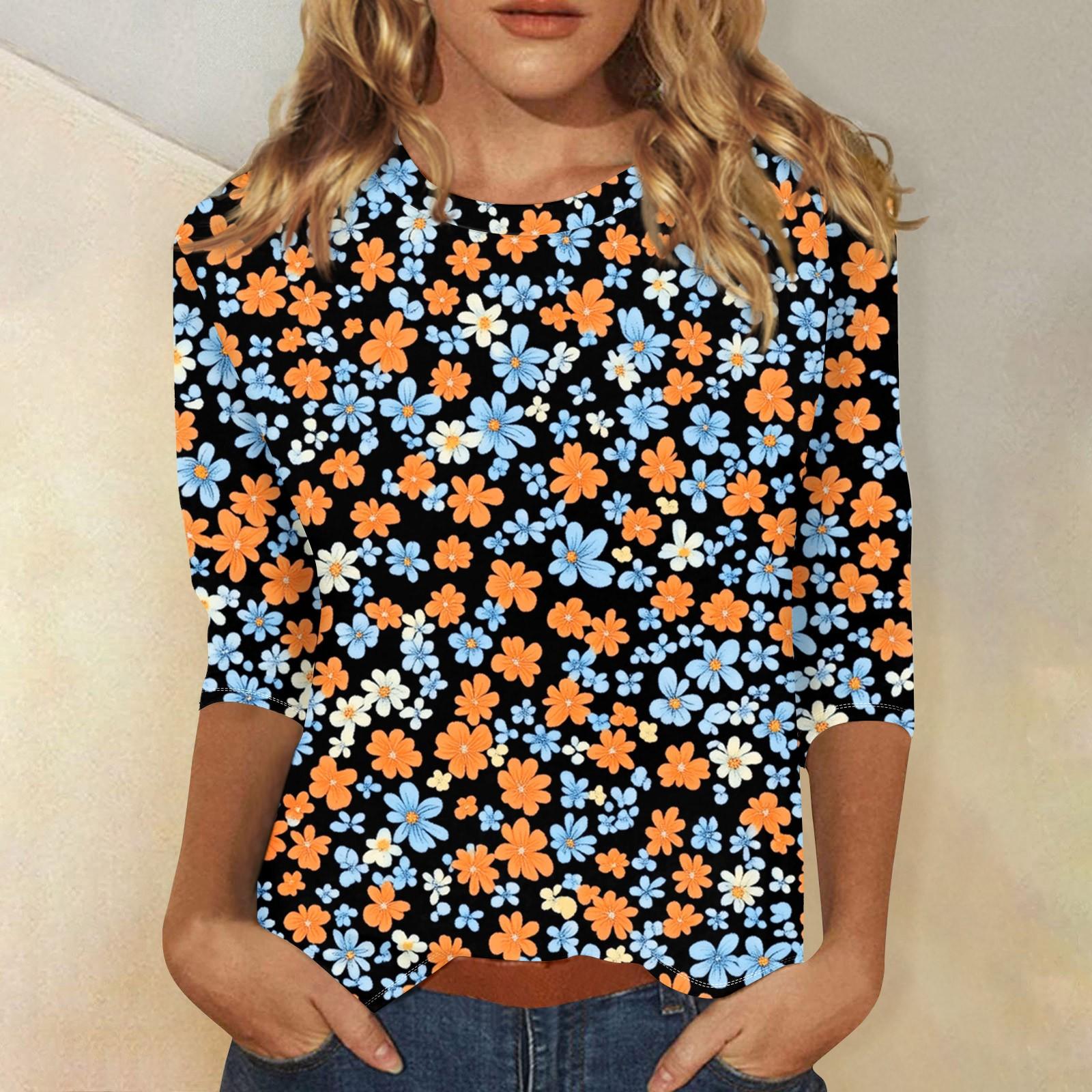 

Женская мода повседневная три четверти рукав винтажный цветочный принт круглый вырез топ S хаки