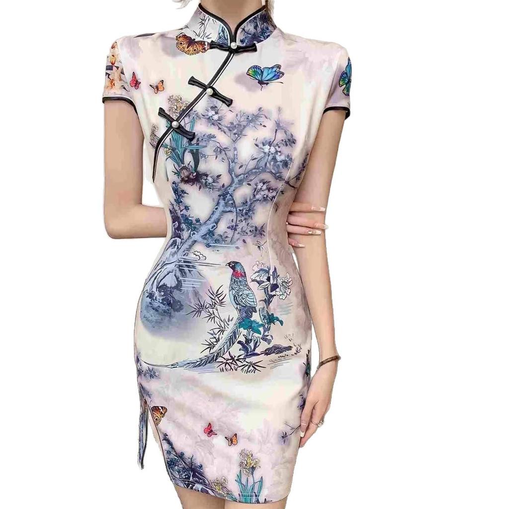 Youthful Petite Cheongsam: Mid-length Summer Ink Painting Bodycon Dress