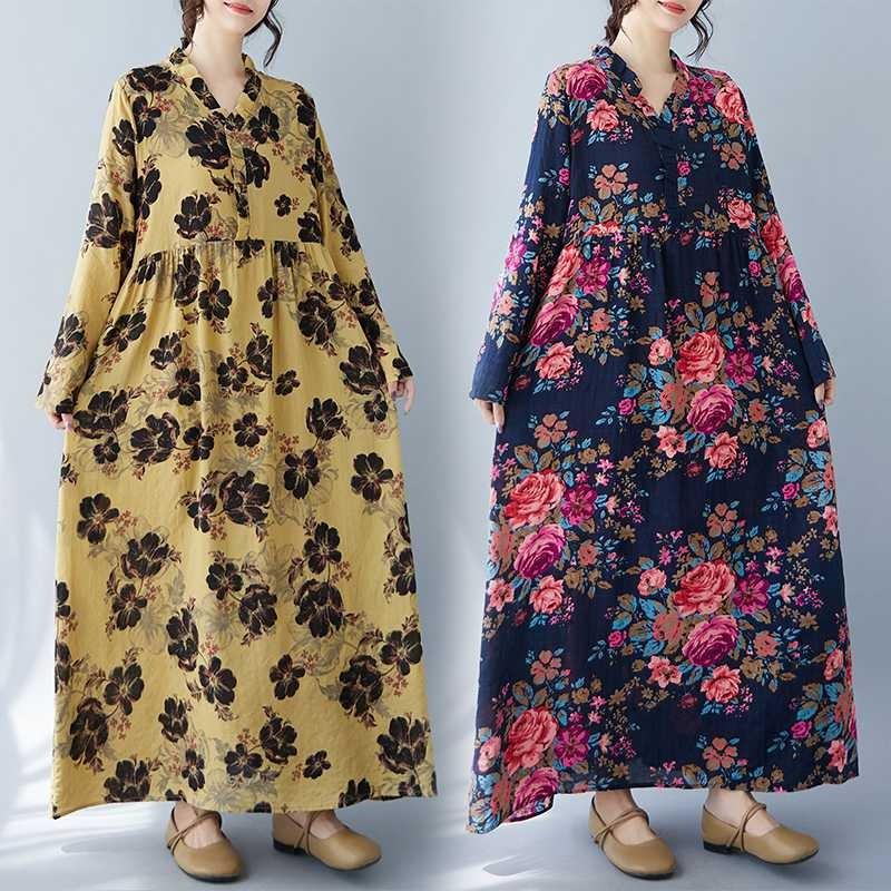 

Vintage Printed Loose Mullein Lace Long Sleeve Swing Long Dresses 2XL жовтий