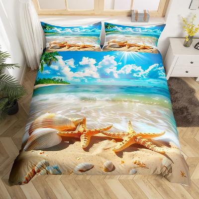 Starfish Seashell Conch Duvet Cover Hawaiian Beach Bedding Set Twin Queen Coastal Nautical Comforter Cover for Boys Girls Teens
