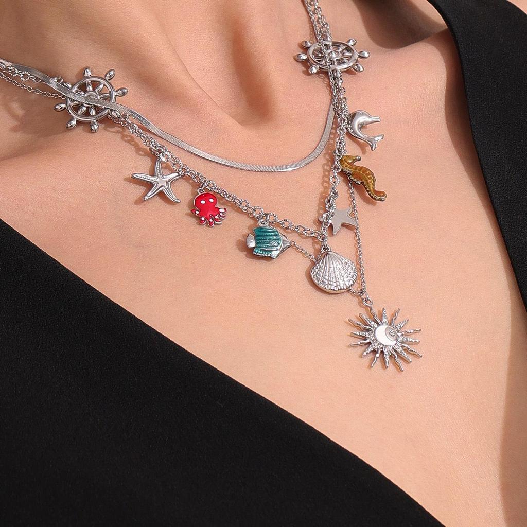 Oumayka Ocean Vacation Style Drip Oil Starfish, Seashell & Seahorse Stainless Steel Necklace