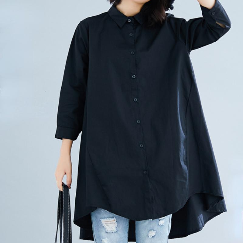 

Летняя женская длинная рубашка с рукавом три четверти, белая, черная, свободная, верхняя блузка, повседневные рубашки с воротником с лацканами, нерегулярные рубашки XL