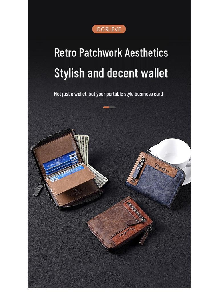Retro Men's Color Block Leather Wallet with Zipper – Multi-functional Card Holder with Multiple Slots