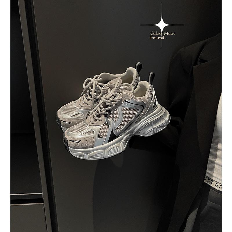 Sheepskin Version Thick-soled Heightened Silver-gray Lace-up Dad Shoes for Women's 2025 Summer and Autumn New Breathable Sports and Leisure Shoes