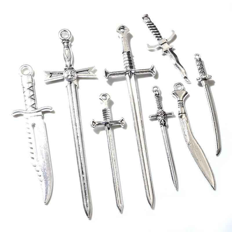10 pezzi/lotto Ciondoli Lama di Spada Placcati Argento Antico Pendenti Accessori per la Creazione di Gioielli Fai da Te per Collana Componenti per Artigianato