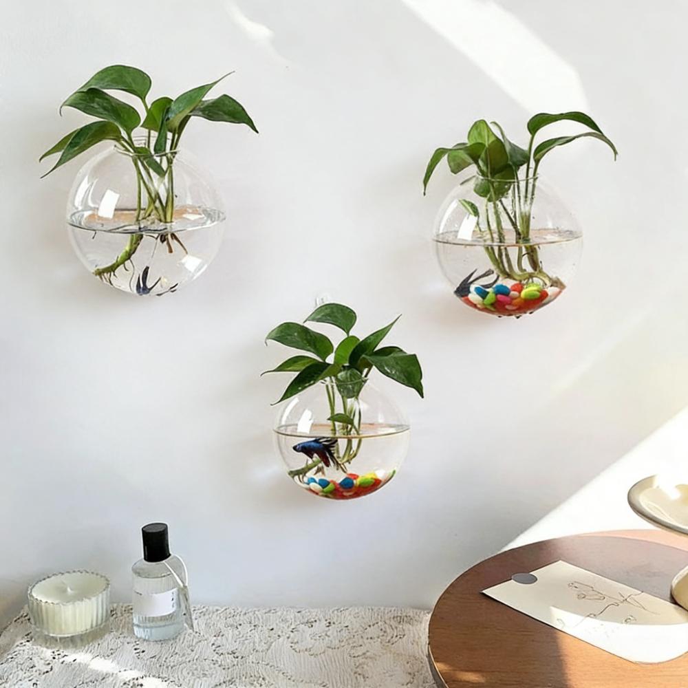 3 Stück Wandhängendes Glas-Terrarium Wandmontierte Runde Kristallvase Grüne Efeu Hydrokultur-Pflanzenbehälter für Haus Büro Dekoration