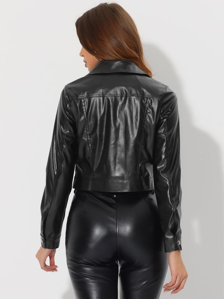 Allegra K Women's Long Sleeve Biker Jacket/Coat with Holographic Shiny Metallic Collar and Button-Down Detail, Black, Size S
