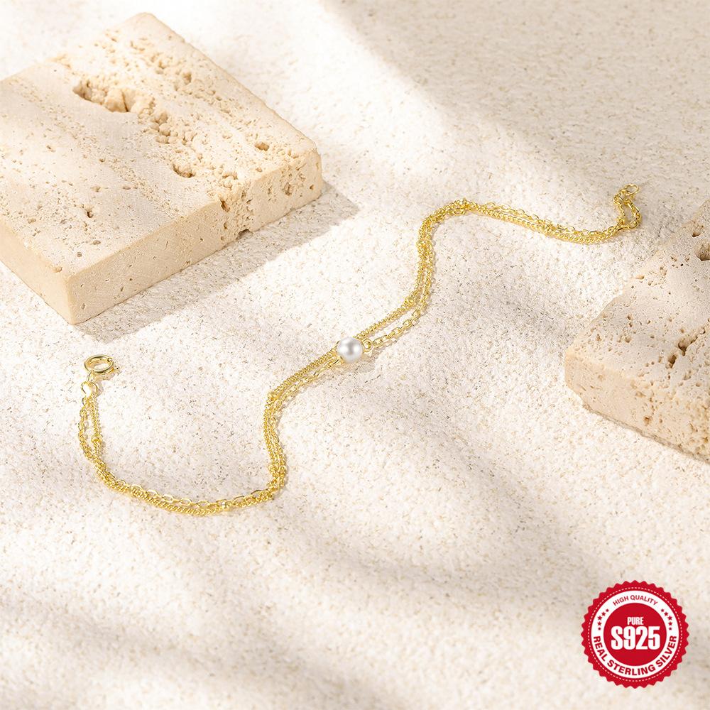 Stylish And Simple Style S925 Sterling Silver Temperament Pearl Double-Layer Bracelet Women'S Stacking Worry-Free Matching