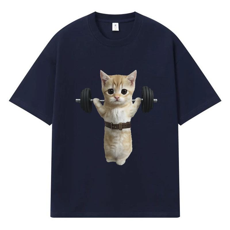 2026 Cat Lifting Dumbbell Printed Graphic Y2k Harajuku Streetwear 100% Cotton T Shirt Casual Oversized Summer Men T-shirt