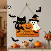 Halloween Party Background Props Door Sign with Hemp Rope Lanyard, Pumpkin Ghost Printed Hanging Decorative Plaque for Home Entrance Plaque,