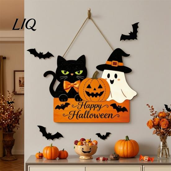 Halloween Party Background Props Door Sign with Hemp Rope Lanyard, Pumpkin Ghost Printed Hanging Decorative Plaque for Home Entrance Plaque,