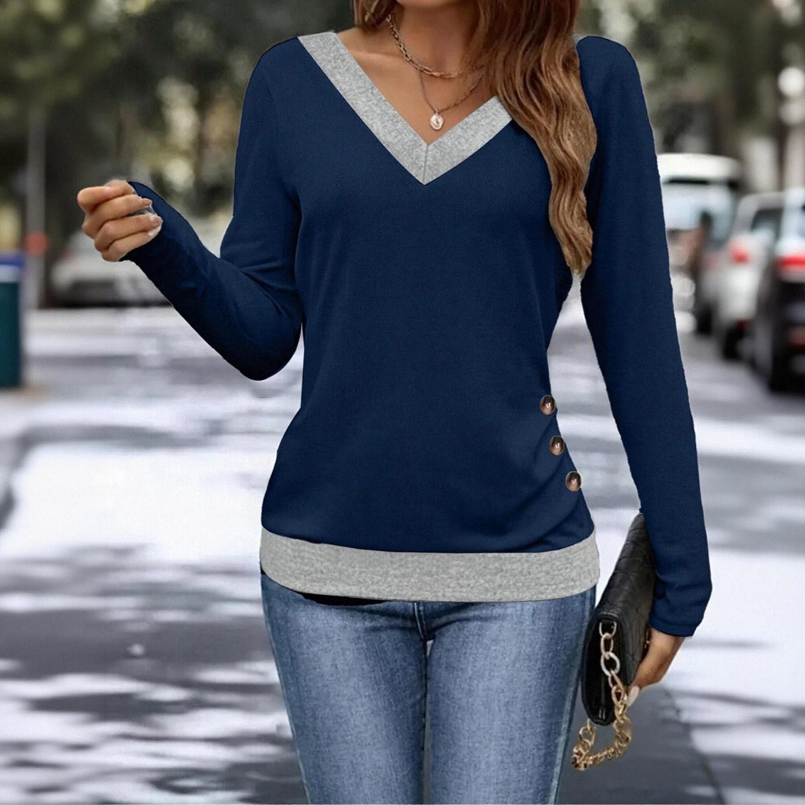 

Women s Fashionable Casual Versatile V-Neck T-Shirt With Waist-Cinching Button-Down Long Sleeves XL