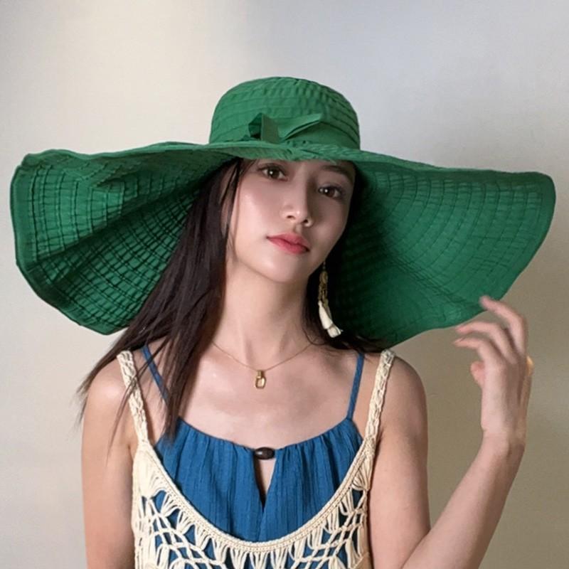 

Summer sun hat women s super large brim foldable seaside vacation beach hat Internet celebrity same sunscreen sun hat 56-58cm темно-зелений колір