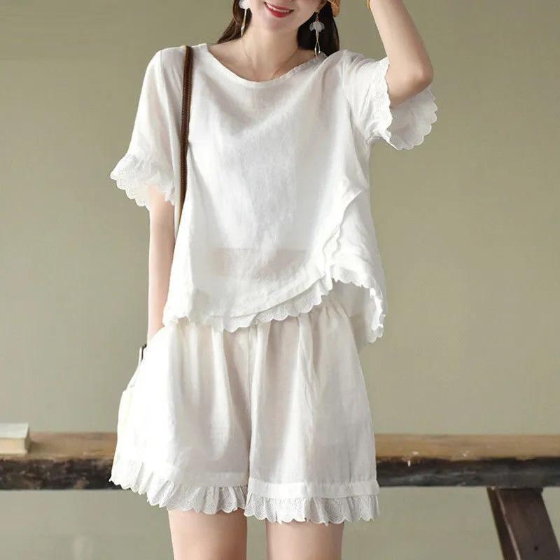 2PC Cotton Suit Women Summer Comfortable Short-sleeved Loose T-shirt Wide Leg Shorts Two-piece Set